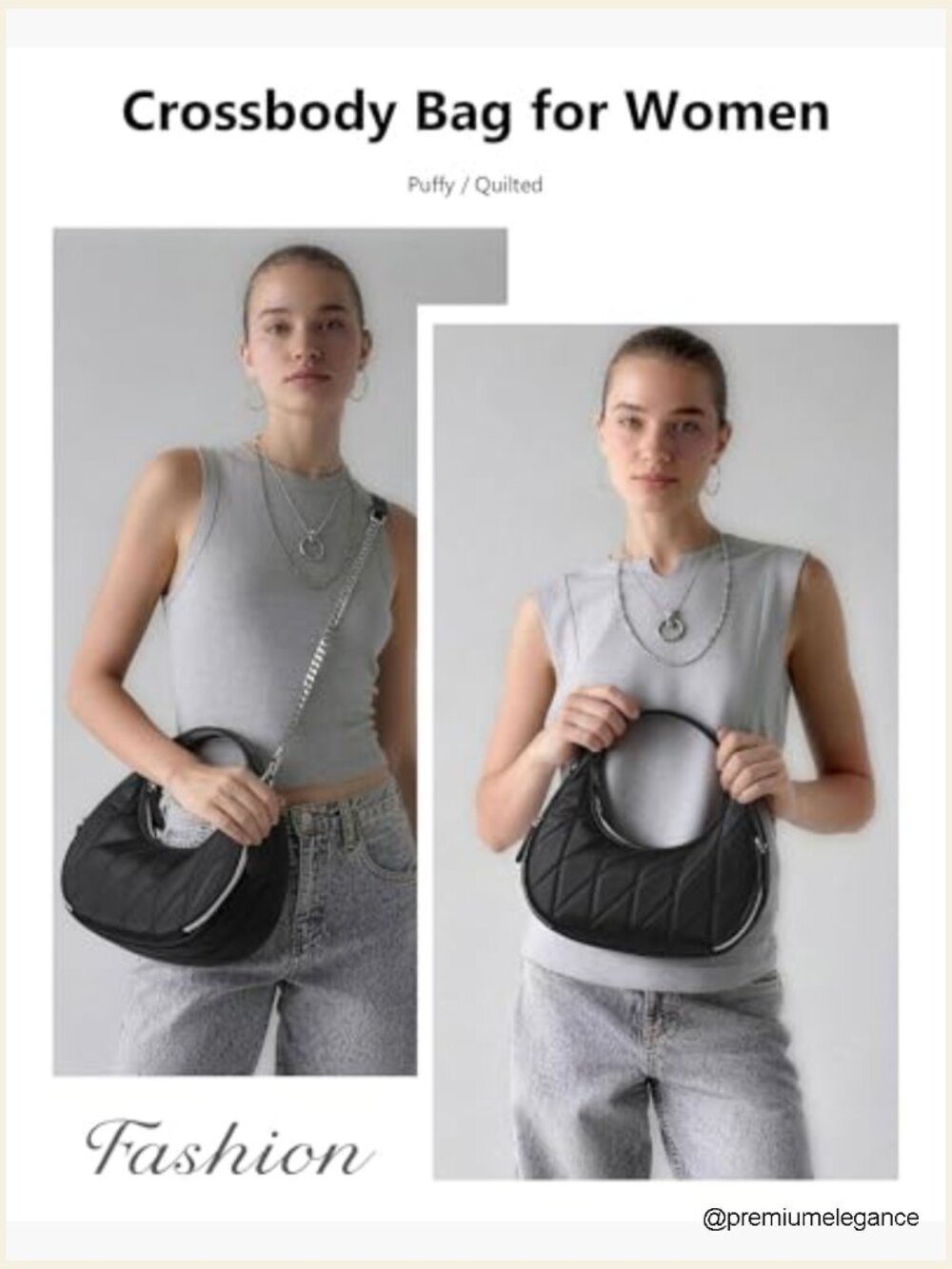Quilted Nylon Crescent Crossbody Bag with Chain Strap, Lightweight Hobo Purse - Picture 3 of 7